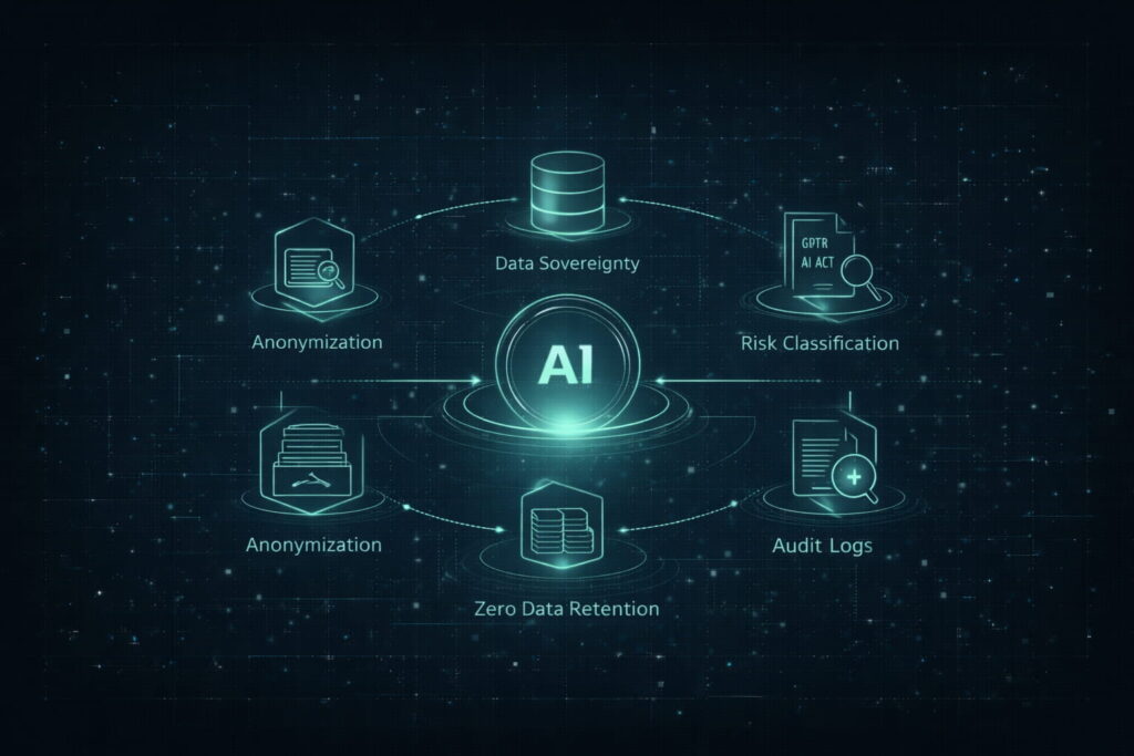 Diagrama arquitectónico de cumplimiento legal en IA con soberanía de datos y logging