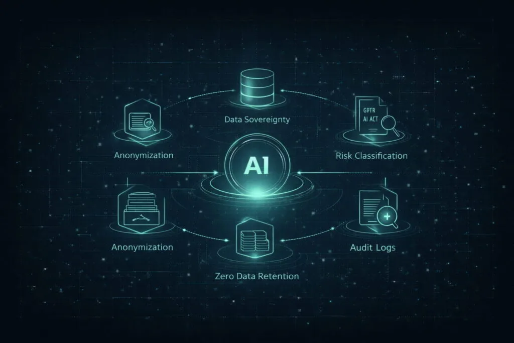 Diagrama arquitectónico de cumplimiento legal en IA con soberanía de datos y logging