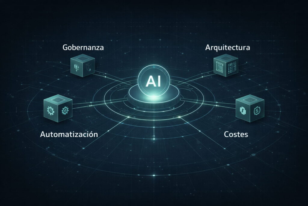 Diagrama estratégico de un Centro de Excelencia de IA coordinando departamentos empresariales