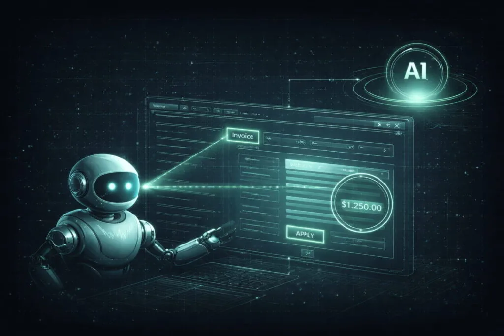 Diagrama técnico de RPA con IA interactuando con sistema legacy mediante visión artificial