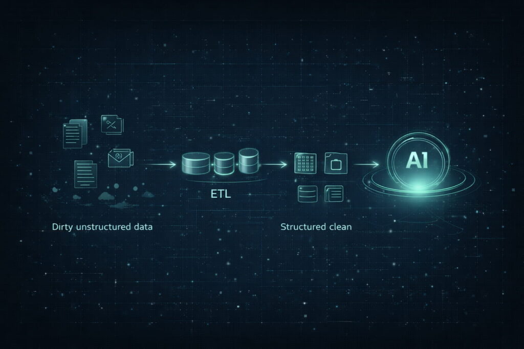 Diagrama técnico de flujo ETL y calidad de datos para inteligencia artificial