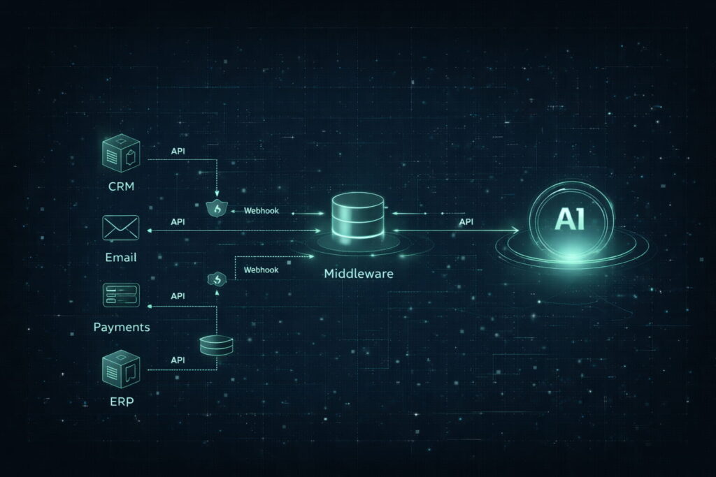 Diagrama técnico de integración de APIs y middleware conectando sistemas empresariales con IA