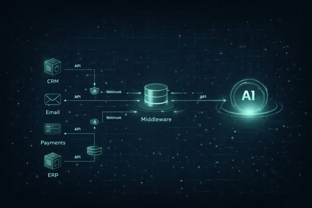 Diagrama técnico de integración de APIs y middleware conectando sistemas empresariales con IA