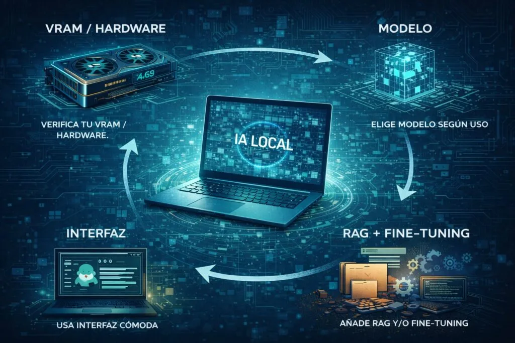 Guía para montar una IA local: VRAM, modelo, interfaz y conexión con datos mediante RAG y fine-tuning