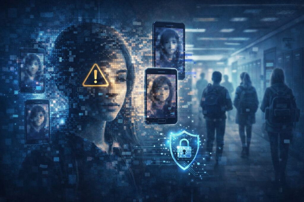 Ilustración conceptual de adolescente afectado por ciberacoso con deepfake en redes sociales