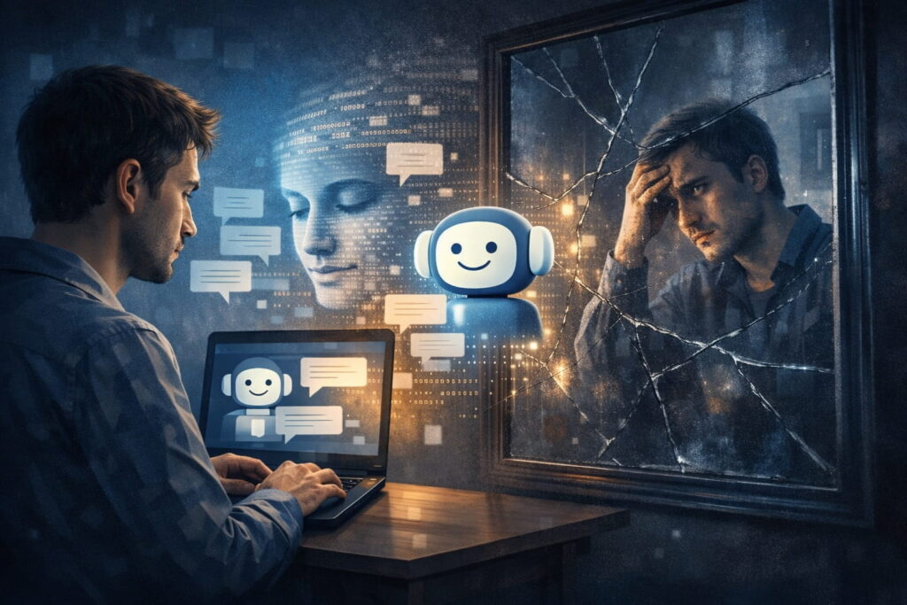 Ilustración conceptual de conversación con chatbot mostrando distorsión de percepción y duda psicológica