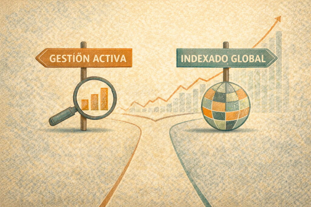 Ilustración conceptual mostrando bifurcación entre gestión activa y fondos indexados con gráfico ascendente a largo plazo