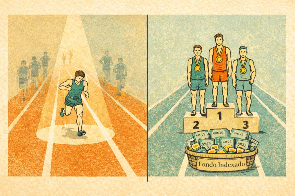 Ilustración conceptual mostrando carrera de atletismo comparando gestión activa vs gestión pasiva