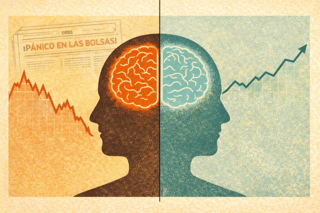 Ilustración conceptual mostrando cerebro humano enfrentándose a gráficos de mercado y titulares alarmistas