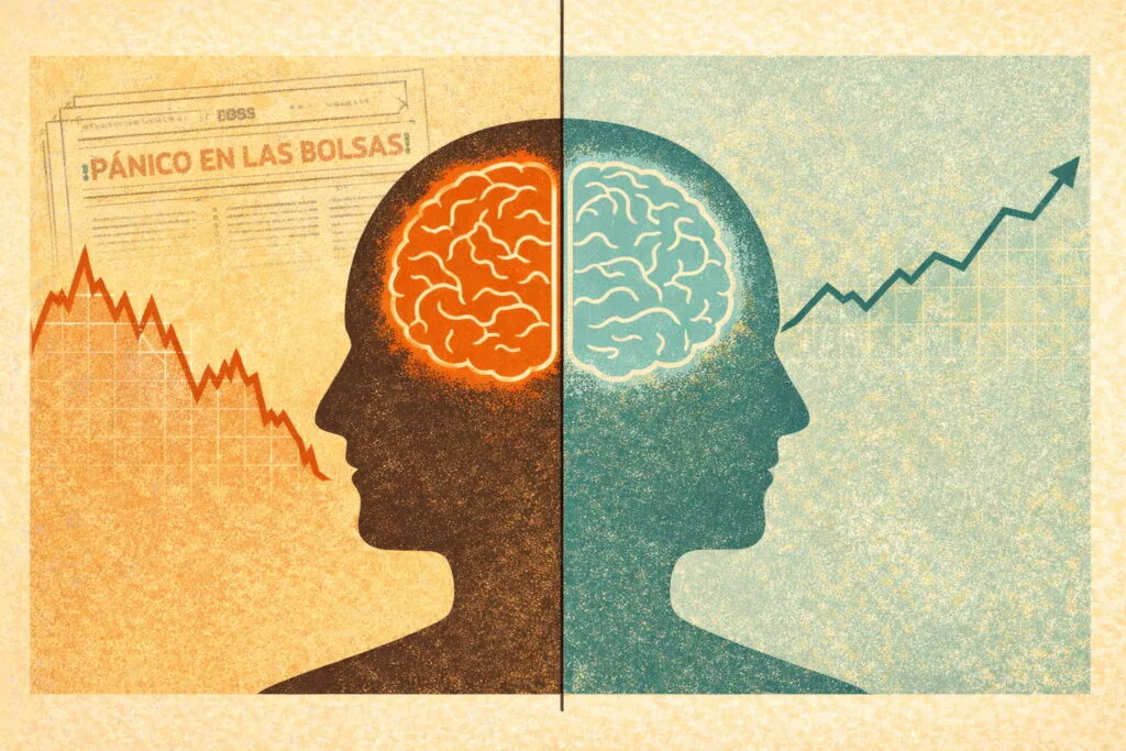 Ilustración conceptual mostrando cerebro humano enfrentándose a gráficos de mercado y titulares alarmistas