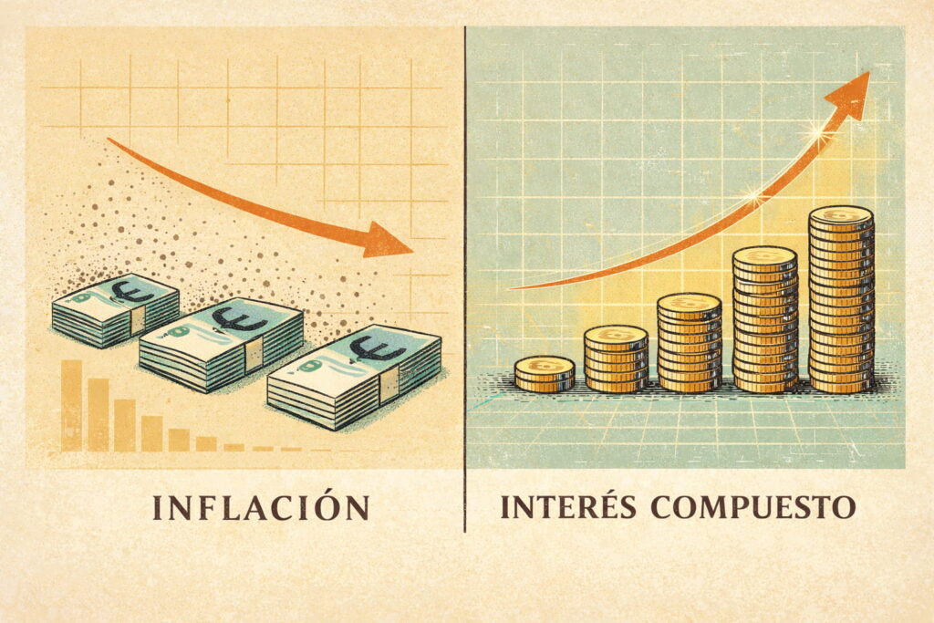 Ilustración conceptual mostrando dinero perdiendo tamaño frente a una gráfica de inflación y otra creciendo por interés compuesto