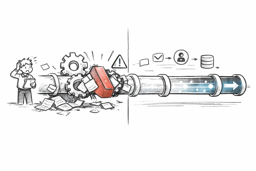 Ilustración conceptual mostrando flujo empresarial automatizado con IA eliminando fricción operativa