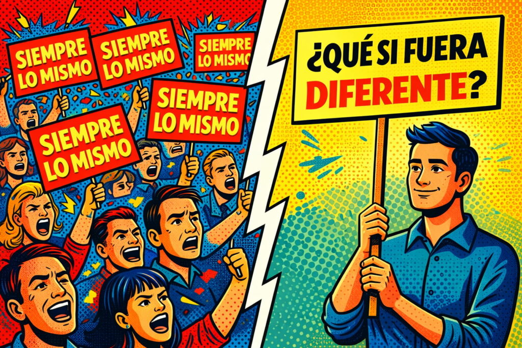 Ilustración conceptual mostrando ruptura de patrón visual en entorno saturado de mensajes publicitarios
