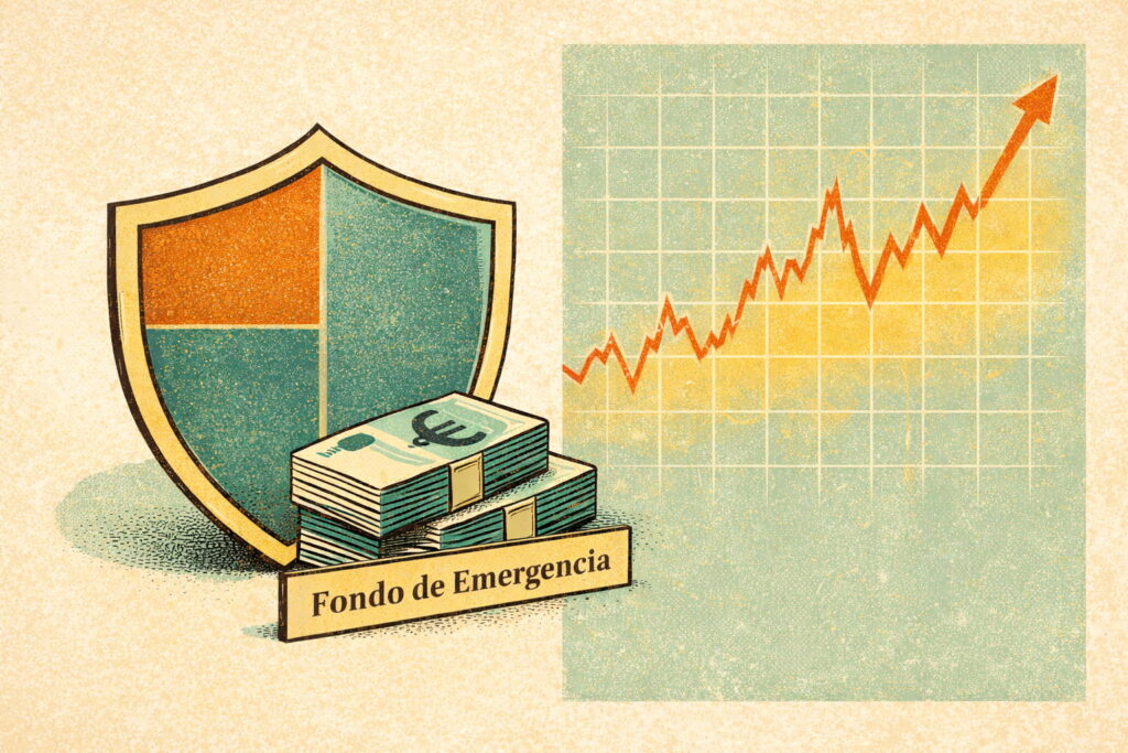 Ilustración conceptual mostrando supermercado financiero dividido en renta fija y renta variable con carrito de fondos
