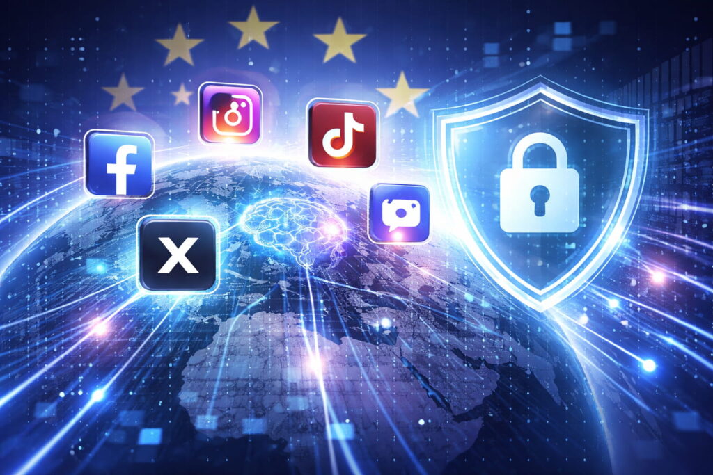 Ilustración conceptual sobre nuevas políticas de privacidad y uso de datos en redes sociales en 2026