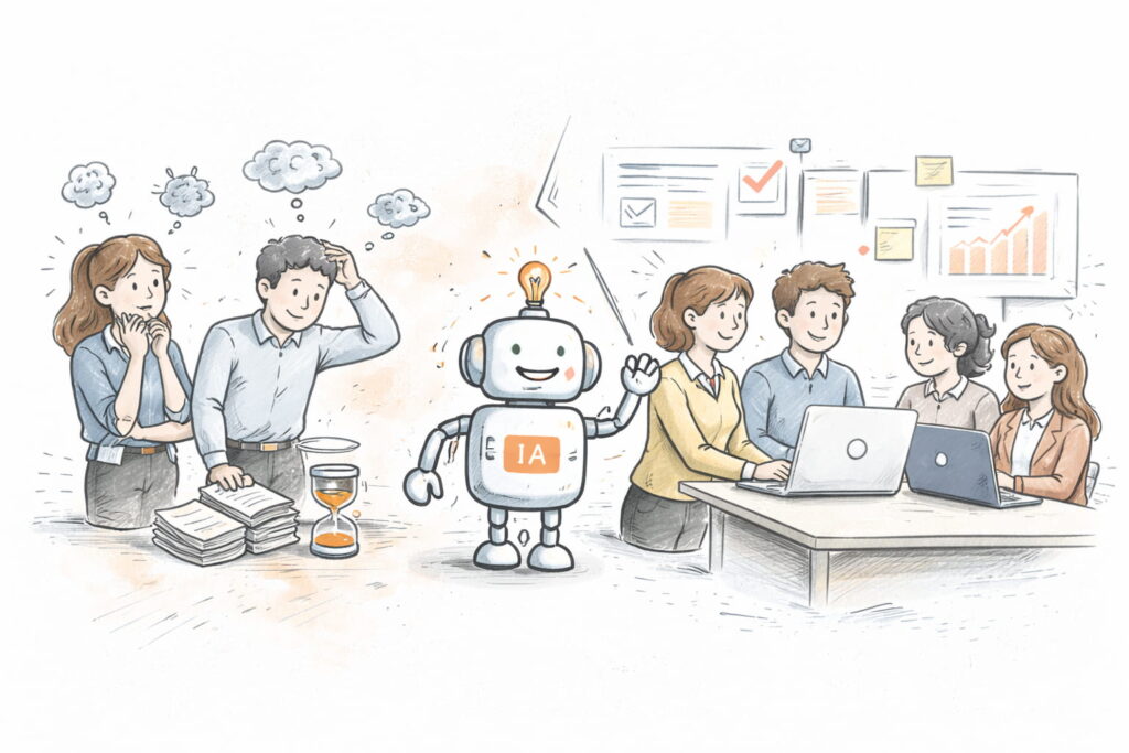 Ilustración estilo croquis mostrando equipo colaborando con IA como asistente estratégico