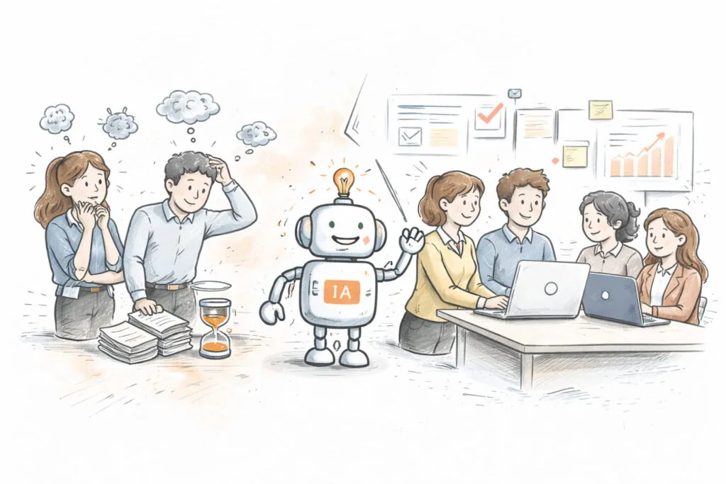 Ilustración estilo croquis mostrando equipo colaborando con IA como asistente estratégico