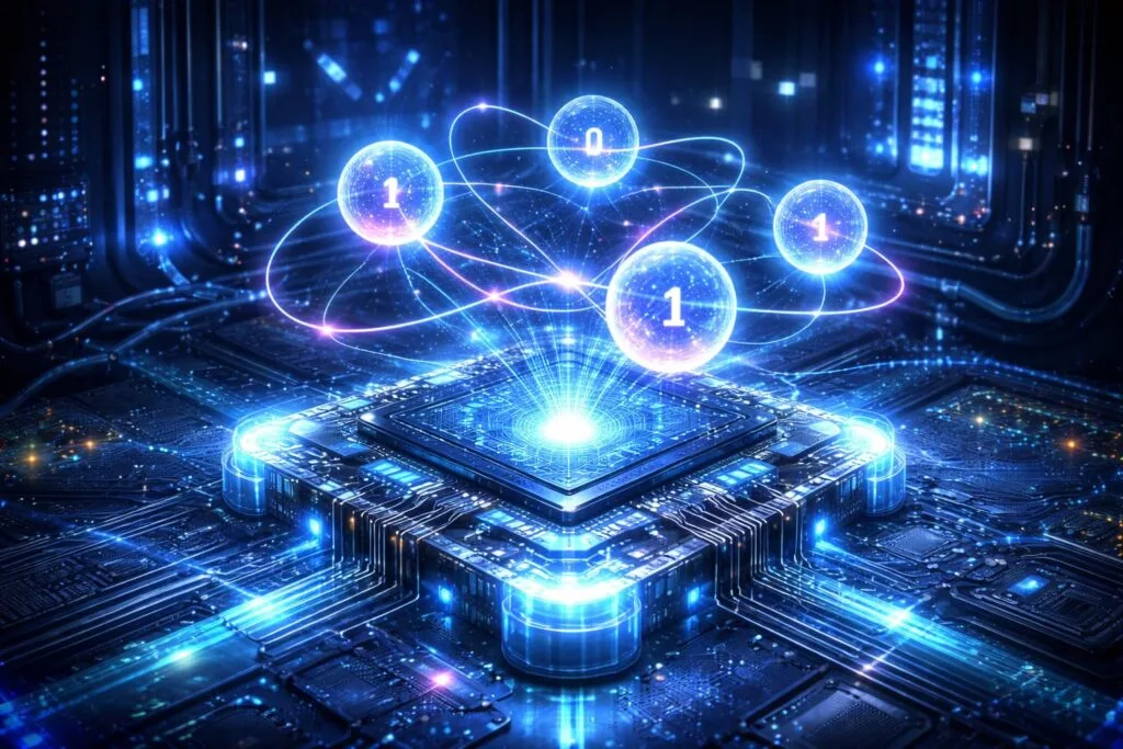 Ilustración futurista de un chip cuántico con qubits en superposición