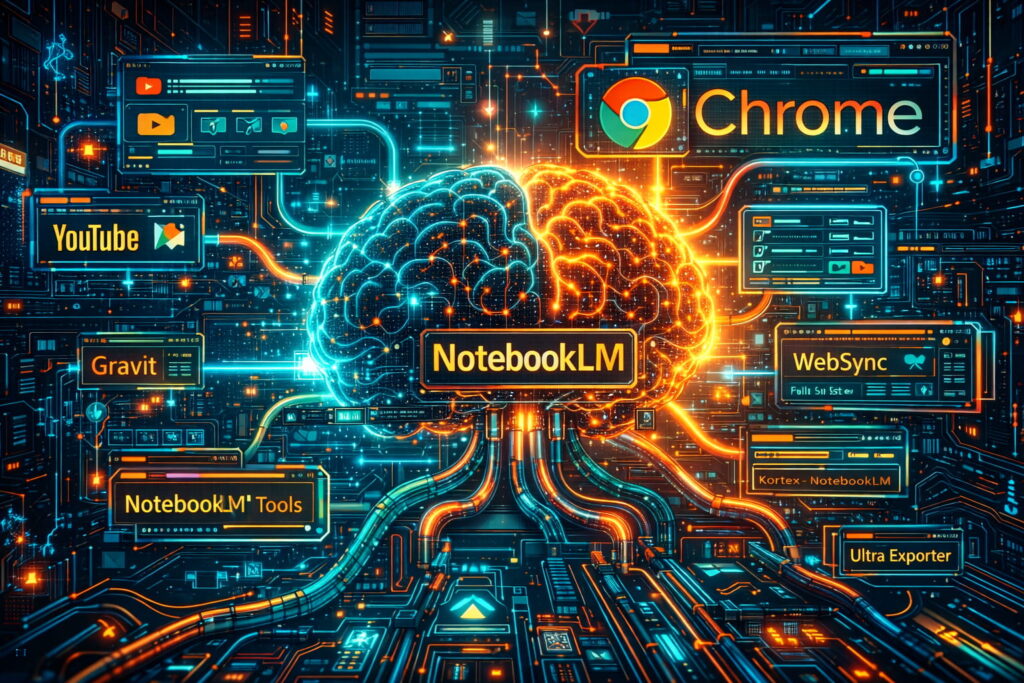 Ilustración mostrando NotebookLM conectado a múltiples extensiones de Chrome como un centro de investigación avanzado