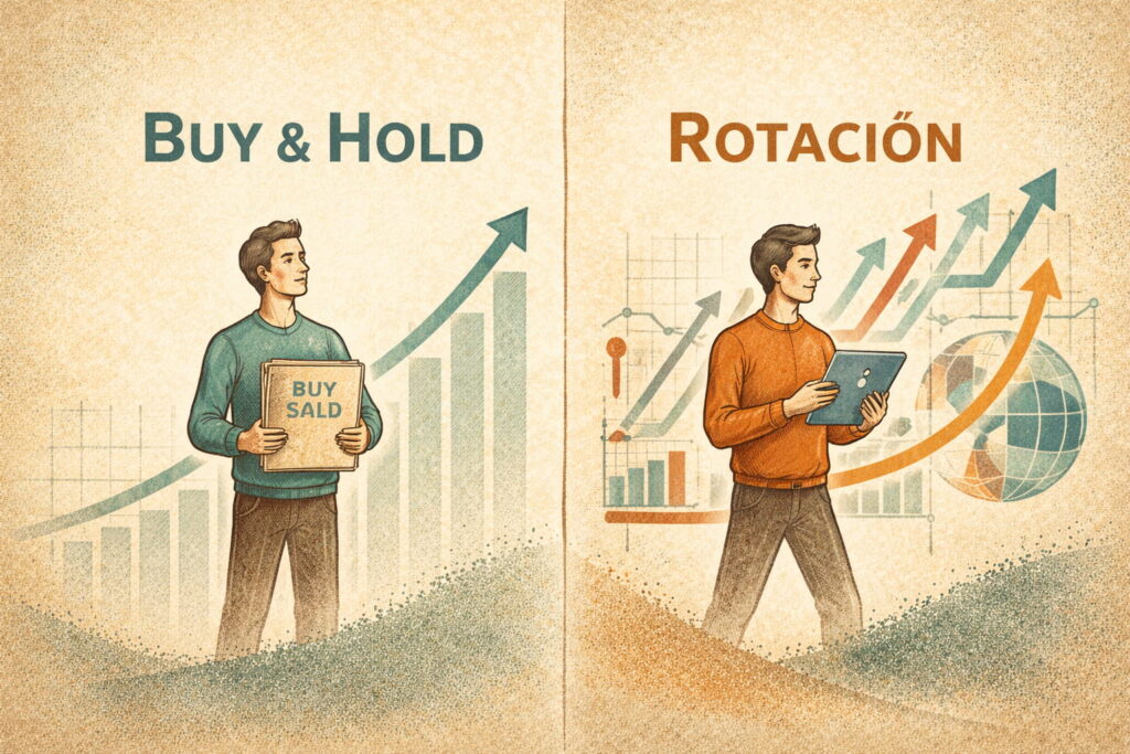 Ilustración vintage mostrando dos caminos financieros: estrategia estática Buy & Hold frente a rotación activa con gráficos técnicos