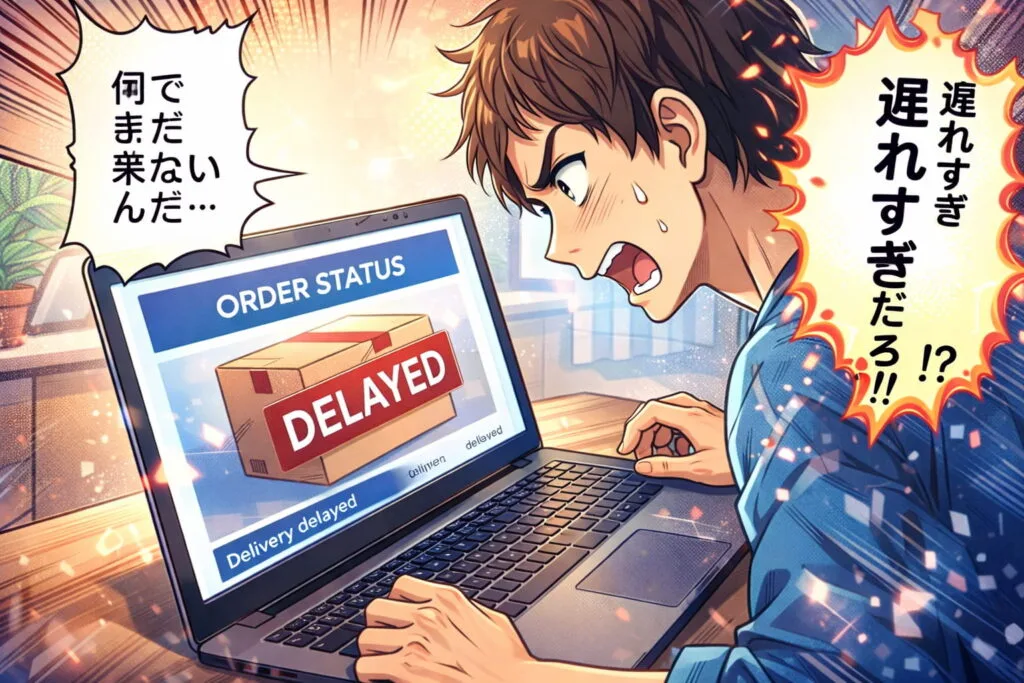 Persona revisando pedido retrasado en Amazon desde portátil con expresión de frustración