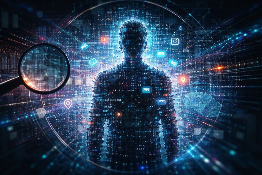 Representación conceptual de la huella digital y la información personal en Internet