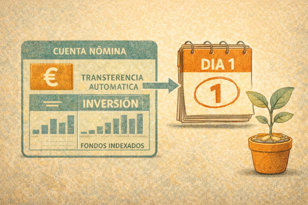 Ilustración conceptual mostrando sistema automático de inversión con transferencia mensual hacia fondos indexados