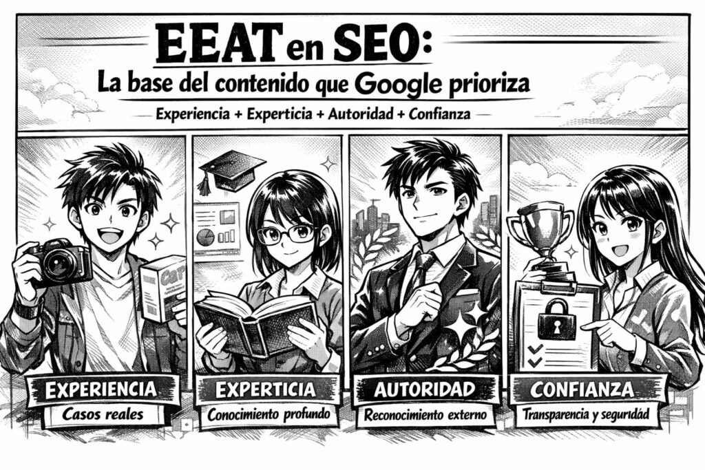 Infografía explicativa del modelo EEAT en SEO con experiencia, autoridad y confianza