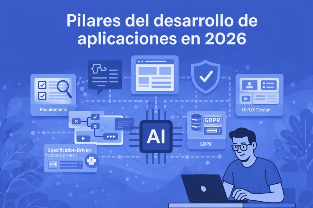 Pilares del desarrollo de aplicaciones en 2026 con enfoque en requisitos, seguridad, cumplimiento, IA y diseño UI UX