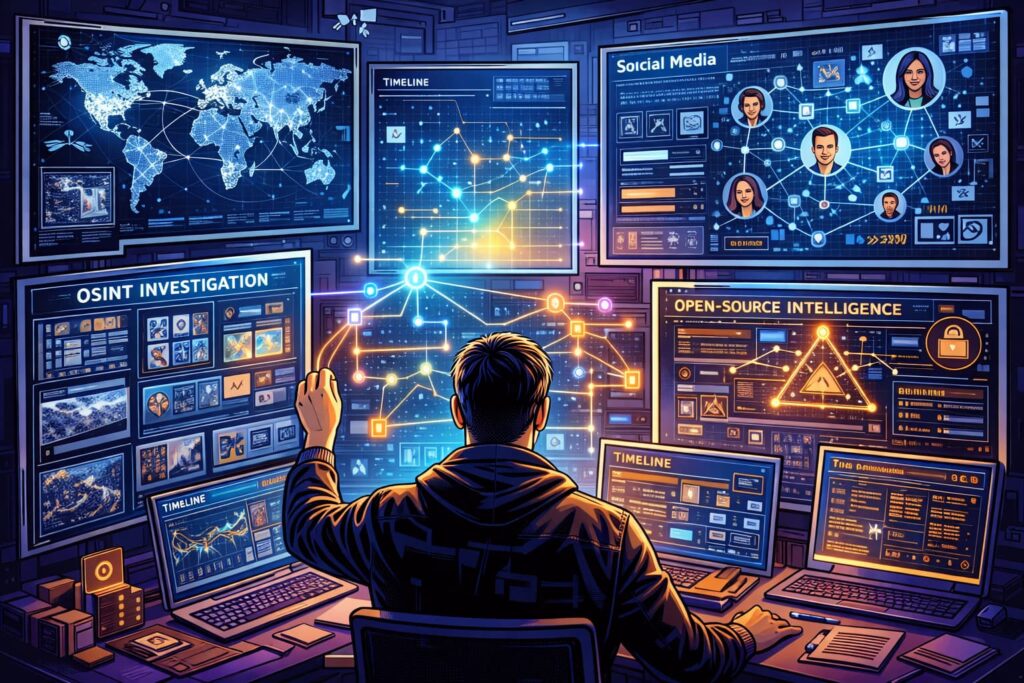 investigación OSINT analizando información pública en múltiples pantallas